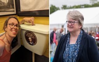 The sticker has been stuck to the toilet by Cuppa Cafe owner Sarah Fitch (left), and takes aim at Suffolk Coastal MP Therese Coffey (right). Image: Charlotte Bond / Sarah Fitch