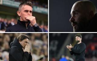 Top left, clockwise: Kieran McKenna, Enzo Maresca, Russell Martin and Daniel Farke are the managers locked in a high quality Championship top-two race.